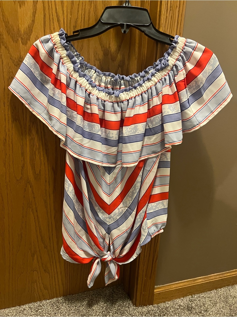 Express Off-Shoulder Striped Tie-Front Blouse in Red, Blue & White